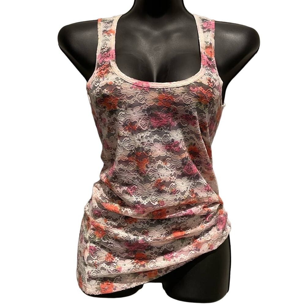 Body Central White With Rose Print Lace Racerback Tank-top - Small